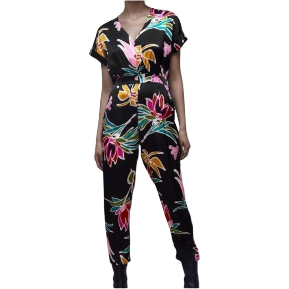 Zara Black Floral Print Satin Jumpsuit Women’s Large - Picture 2 of 16